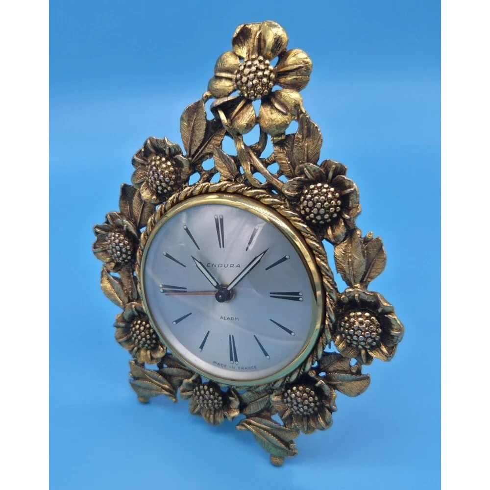 Vintage Endura Desk Clock Gold Tone Floral Frame Made in France​SEE DESCRIPTION